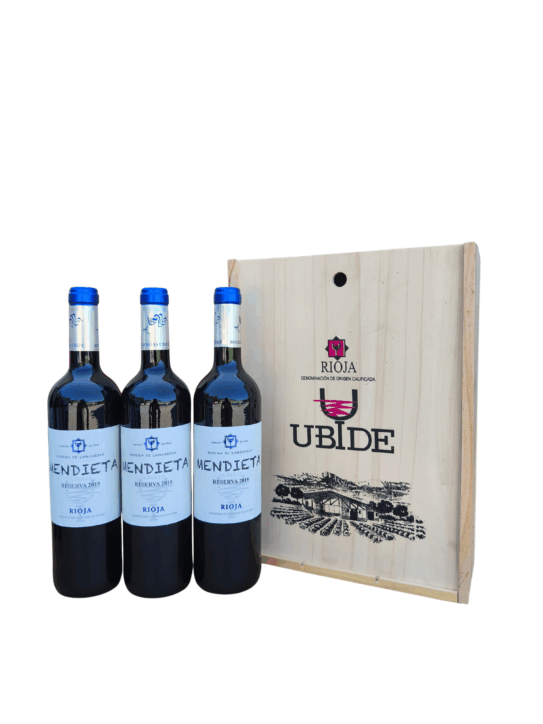 Vino Mendieta Reserva en caja de madera de 3 botellas de Bodegas Ubide