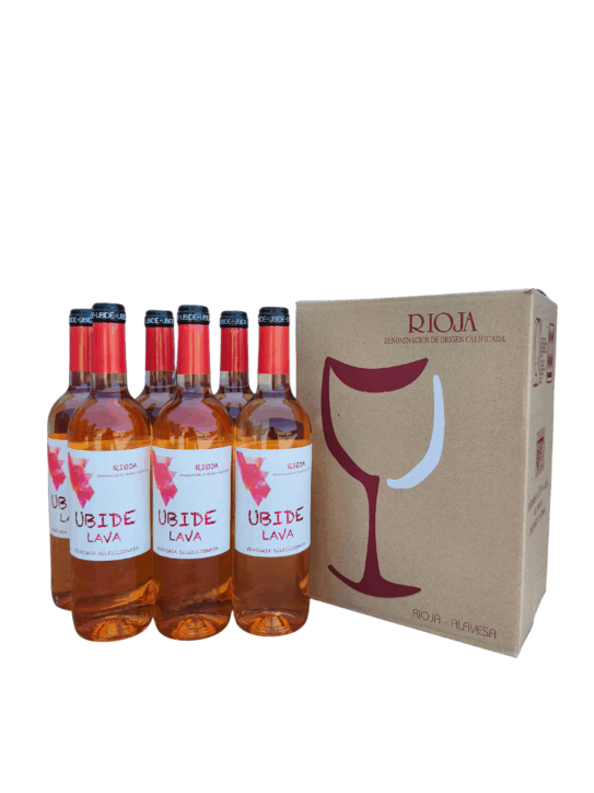 Vino rosado Ubide Lava en presentación de caja con 6 botellas